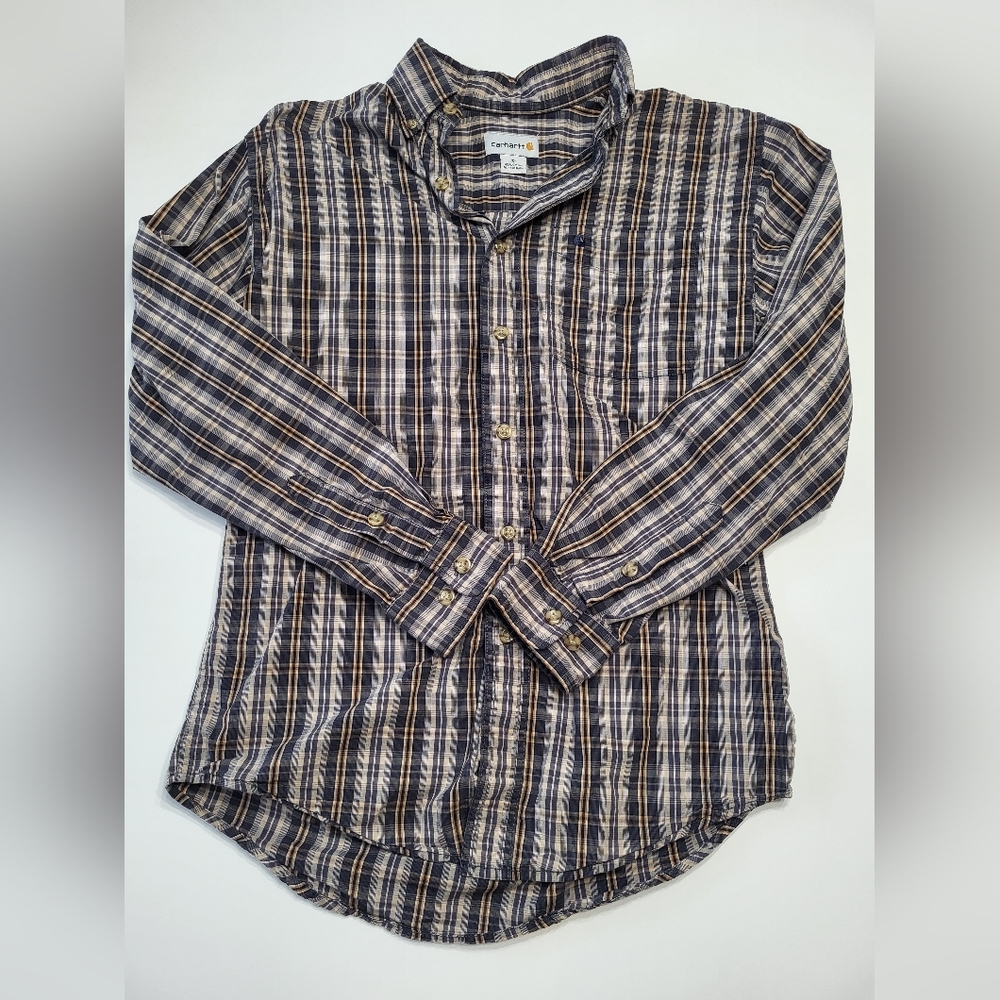 Carhartt Men's Small Blue Plaid Button-Down 100% Cotton Casual Dress Shirt